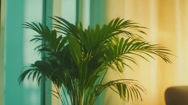 Green parlor palm plant adds a touch of freshness and nature to a comfortable home interior, creating a peaceful and inviting atmosphere with soft lighting