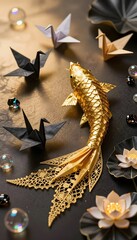 Obraz premium Intricate Golden Koi Fish Surrounded by Black Origami Cranes and Decorative Lotus Flowers