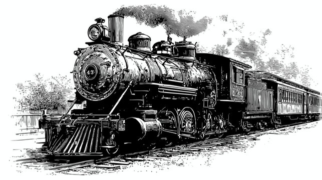 Vintage Steam Train Locomotive Engraving Illustration. Classic Antique Railway Transport with Passenger Cars. Historical Technology.