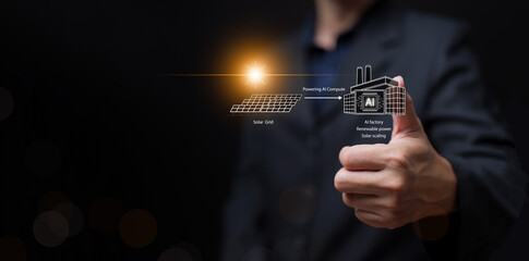 Solar powered AI concept with a businessman giving a thumbs up to renewable energy from the sun fueling artificial intelligence factory infrastructure. Innovation in green and renewable technology.