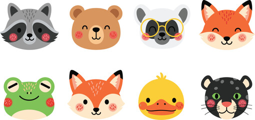 Fototapeta premium Cute animal face icon vector set. Adorable cartoon heads including raccoon, bear, fox, frog, duck, and panther. Kawaii emoji style illustrations, isolated on white background.