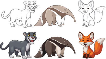 Fototapeta premium Wild animal cartoon vector set. Cute panther, anteater, and fox characters in outline and colored styles. Friendly wildlife illustration collection, isolated on white background.
