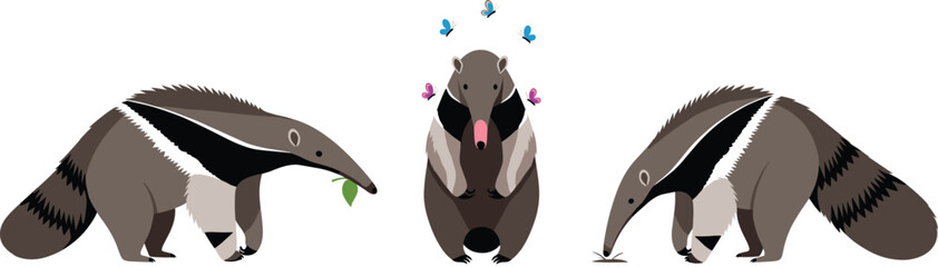 Naklejka premium Anteater cartoon vector illustration set. Cute giant anteaters in different poses and actions. Wildlife animal character collection, isolated on white background.