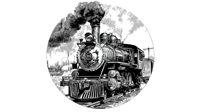 Historic Steam Locomotive Black and White Engraving. Vintage Railroad Train with Smoke. Retro Transport Art