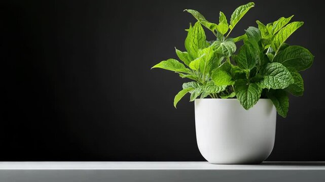 Mint plant in white ceramic pot on dark background with leaves gently swaying in studio light