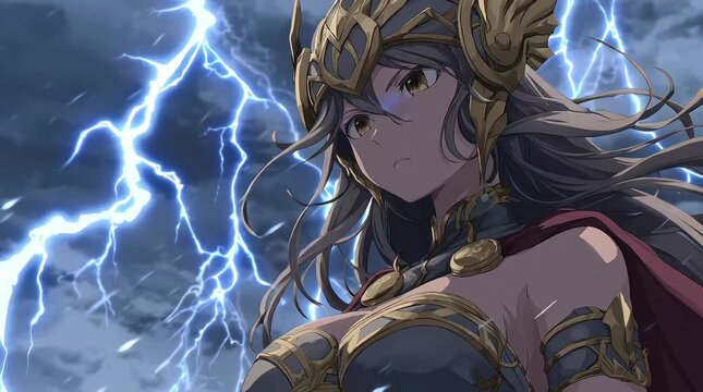 Animation of Powerful Anime Female Thunder Goddess Holding Lightning Bolt in Ancient Greek Mythology Sky