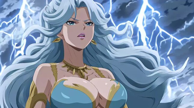 Animation of Powerful Anime Female Thunder Goddess Holding Lightning Bolt in Ancient Greek Mythology Sky