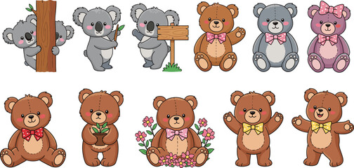 Fototapeta premium teddy bear and koala cartoon vector set. Adorable animals with bows, flowers, and signs. Kawaii nursery illustration collection, isolated on white background.