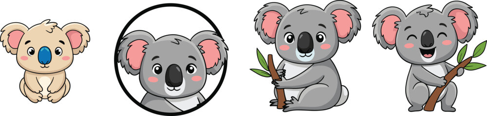 Koala cartoon illustration set. Cute baby koalas sitting, smiling, and holding eucalyptus branches. Kawaii wildlife animal characters, isolated on white background. © ALFINI