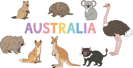 Australia wildlife cartoon vector set. Cute Australian animals with colorful Australia text. Kangaroo, koala, echidna, wombat, ostrich and more, isolated on white background. © ALFINI