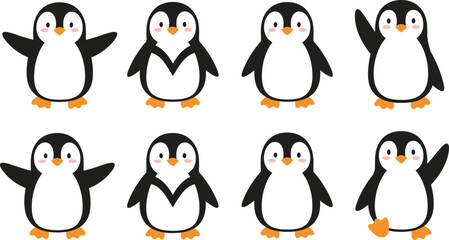 Fototapeta premium penguin cartoon vector set. Adorable baby penguins in different poses and gestures. Kawaii winter animal illustration, isolated on white background.