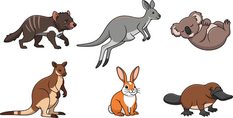 Obraz premium Australian animals cartoon vector set. Cute kangaroo, koala, platypus, rabbit, and tasmanian devil characters. Wildlife illustration collection, isolated on white background.