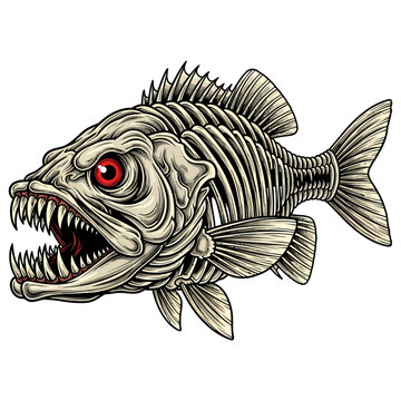 skeleton bass fish illustration with red eyes and sharp teeth for fishing mascot design