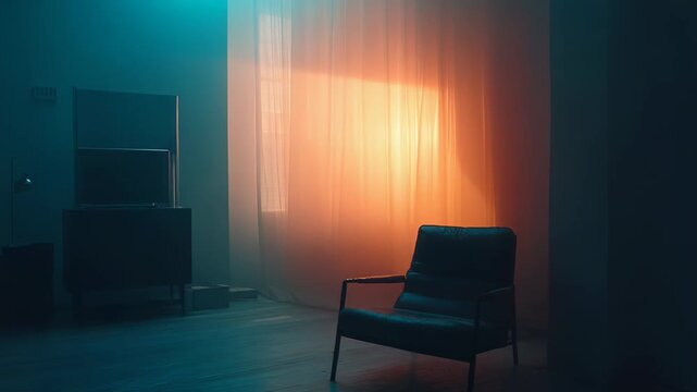 Empty armchair sitting on wooden floor in a minimalist room, illuminated by contrasting moody warm and cool colored artificial lights creating a dramatic atmospheric interior scene