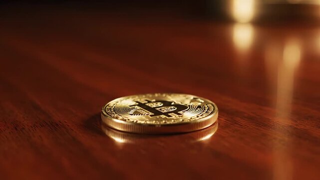 A solitary gold coin spins dynamically on a polished wooden surface, reflecting financial uncertainty and chance.