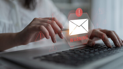 Digital warning mail interface highlights email threat detection, security monitoring, and...