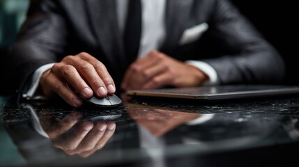Businessman Using Computer Mouse in Modern Office with Dark Background