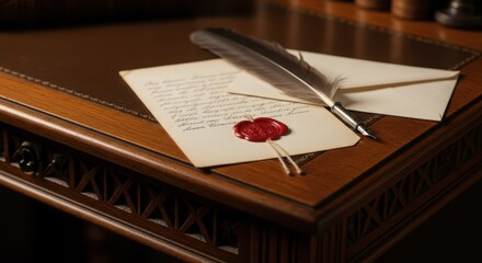 Vintage writing desk with feathered quill pen and wax sealed letter on rich wooden surface