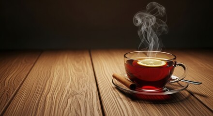 Steaming cup of herbal tea with fresh lemon slice and cinnamon stick on rustic wooden table