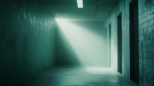 Long, empty concrete corridor featuring a stark contrast between dark, textured walls and a bright, ethereal ray of light illuminating the end, symbolizing hope and unknown future paths