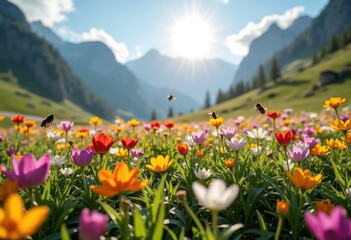 Colorful Alpine Meadow Brimming with Diverse Spring Flowers under Radiant Sunshine