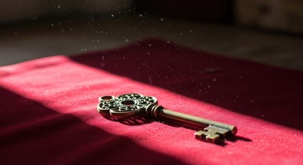 Ornate vintage key resting on a red velvet surface bathed in light and dust particles