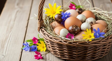 Easter basket full of eggs decorated with colorful flowers on rustic wooden table background.