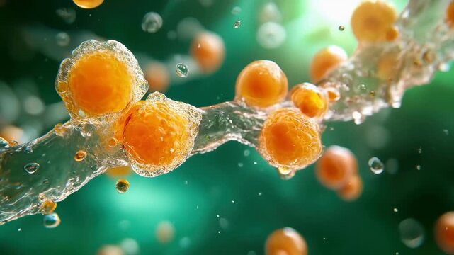 Fat cell adipose tissue biology health science metabolism medical 3D render orange microscopic floating abstract closeup vibrant green background