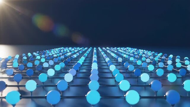 Blue glowing spheres arranged in a grid pattern on a dark reflective surface 4k video