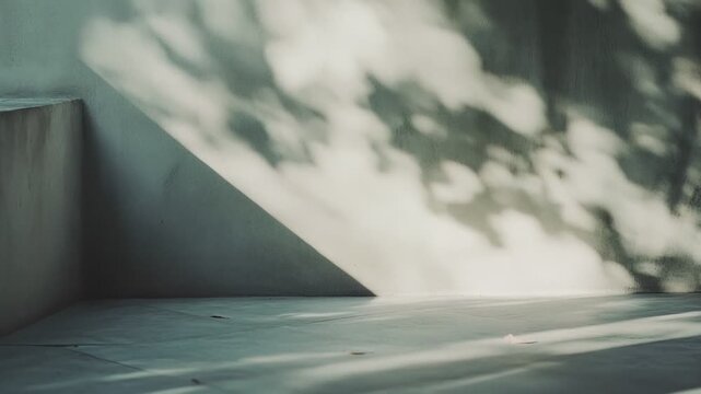 Stark concrete wall and floor receiving sunlight, casting geometric shadows and dappled leaf patterns, creating a peaceful backdrop for design and copy space
