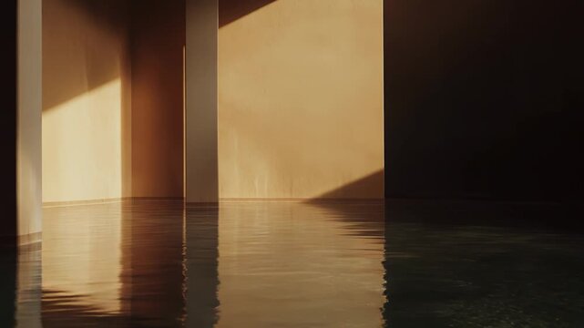 Abstract architectural scene showcasing a minimalist interior space with vertical columns and a solid wall, reflecting warm sunlight and casting shadows onto a tranquil water surface