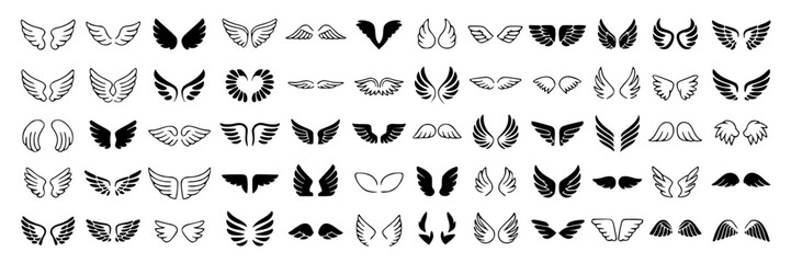 Collection of black and white stylized mountain range icons, vector graphics
