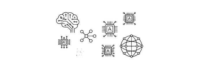 Collection of black and white stylized mountain range icons, vector graphics