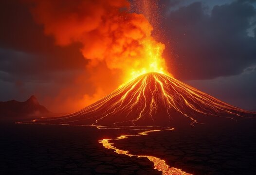 Explosive Nighttime Volcano Emitting Fiery Lava Flows Illuminating Dark Tropical Terrain