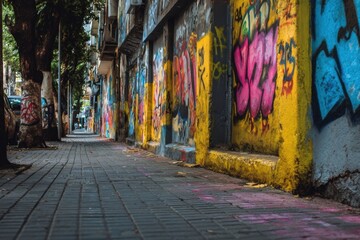 Fototapeta premium Colorful urban sidewalk lined with graffiti under trees in vibrant city scene during daylight
