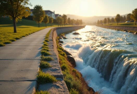 Intricate Levee Path Embankment Structure along Scenic River Edge with Inviting Walkway