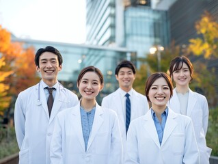 Fototapeta premium 病院施設の前で信頼感のある笑顔を見せる若手医師チームの医療イメージ