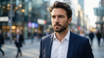 Obraz premium Confident businessman in a suit walking through a busy city street with blurred background