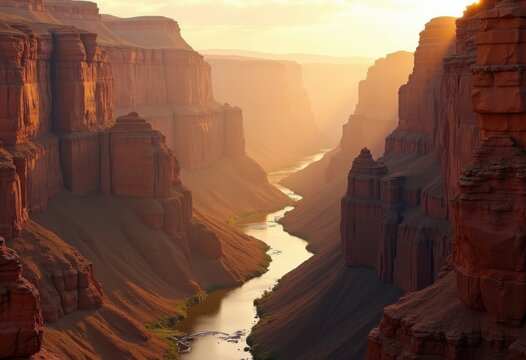 Majestic Canyon Walls Illuminated by Golden River Sunlight Radiance and Shadows