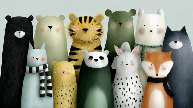 Whimsical illustration of diverse anthropomorphic animals in various colors