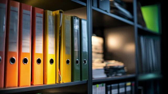 Shelving with various binders and external hard drives sharp focus on front folder ambient lighting creating a gentle blur on other items.