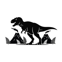 Dinosaur age silhouette vector showing a T-Rex walking with ferns and volcano shapes on a clean white background-01.eps © MDSHAMSUDDIN