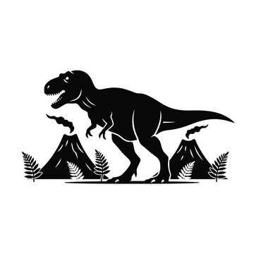 Dinosaur age silhouette vector showing a T-Rex walking with ferns and volcano shapes on a clean white background-01.eps