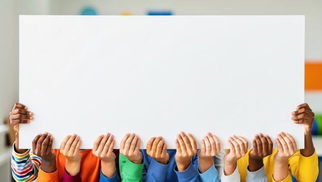 Diverse group of children holding a blank white board for messages and announcements