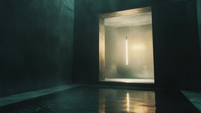 Abstract concrete room featuring a glowing vertical neon light reflecting on the deep, still water covering the floor, creating a mysterious and atmospheric ambiance