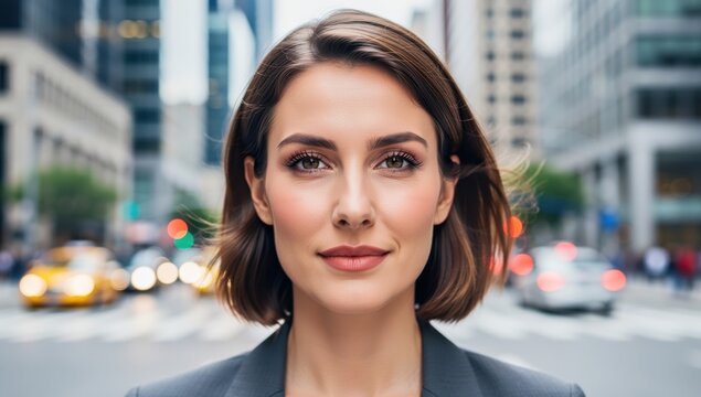 Confident businesswoman looking directly at the camera with a blurred city street background