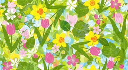 Seamless pattern of spring flowers and green leaves creating a vibrant floral design