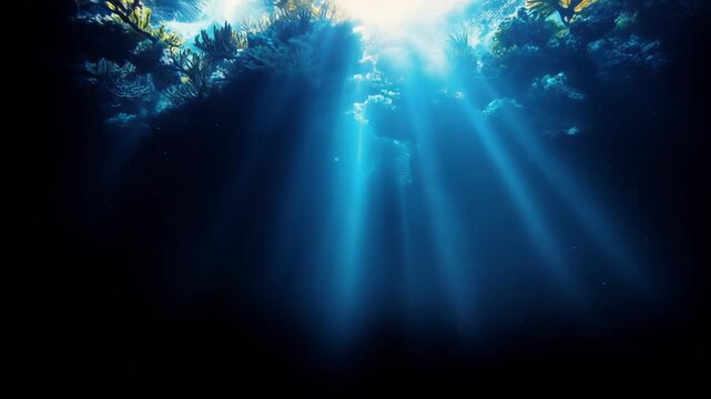 Underwater sunbeams through coral reef canopy fading into deep blue ocean darkness