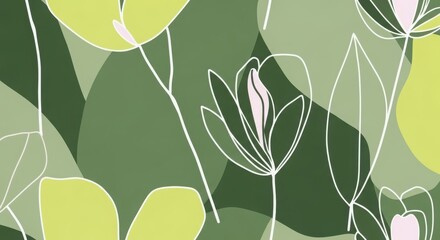 Minimalist green floral vector illustration with continuous line art flower silhouettes