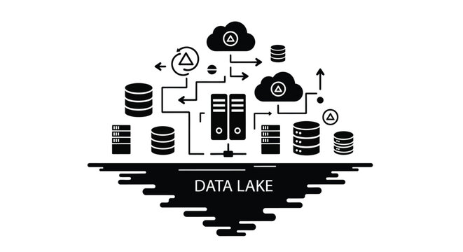 Data lake architecture illustration with servers connections and warning signs